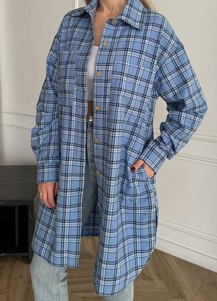 Женское длинное удлиненное рубашка в клетку голубая фланель