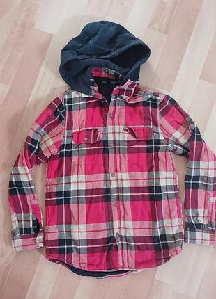 Рубашка в клетку с капюшоном утепленная next 9-10/140