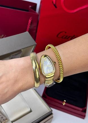 Часы наручные женские золотистые змея змейка камнями фианитами браслет