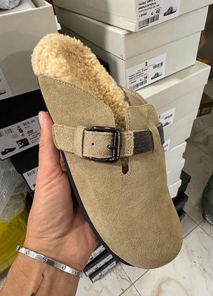 Шлепанцы мюли тапочки замшевые утеплённые мех бежевые зимние