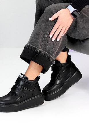 Шкіряні жіночі чорні черевики осінні черевики теплі на хутрі натуральна шкіра весна осінь