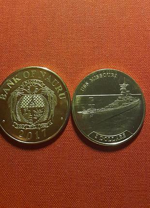 Науру 5 долларов 2017г.35,5мм, линкор сша, uss missouri