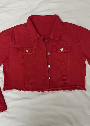Джинсовая куртка пиджак укороченная красная