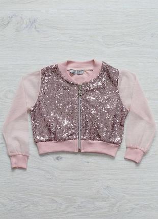 Дитячий святковий костюм в паєтку, на ріст 160-176, колір рожевий, кофточка-бомбер з рукавом в сіточку та паєтками, спідниця з блискітками