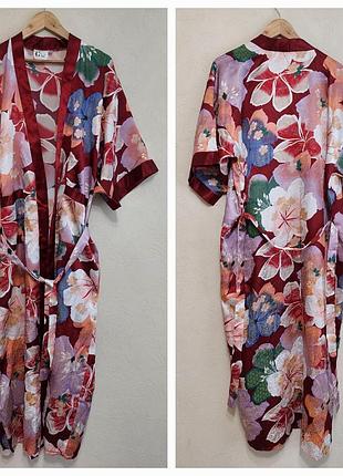 Домашний атласный, сатиновый халат-кимано в цветочный принт с карманами gfull gold spain(l-xl размер)