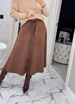 Накладний платіж ❤ замшева шоколадна спідниця міді вільного покрою крою з кишенями під пояс