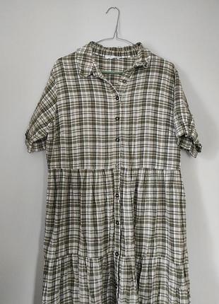 Ярусное платье-рубашка в клетку, меди, макси, длинной