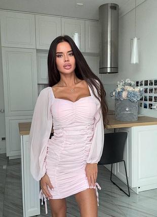 Ніжно-рожева сукня міні по фігурі 💕 ніжна коктейльна сукня з обʼємними рукавами ♥️