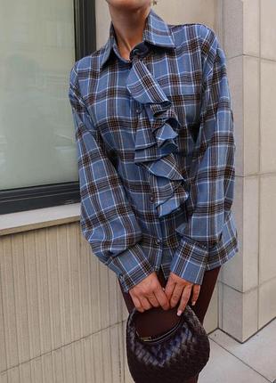 Женская качественная повседневная рубашка в клетку-блуза блузка в клетку голубо-шоколадная