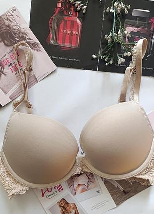 Бюстгальтер базовый бежевый гладкий бюст ажурный пуш-ап лиф m&amp;s 32d 70d