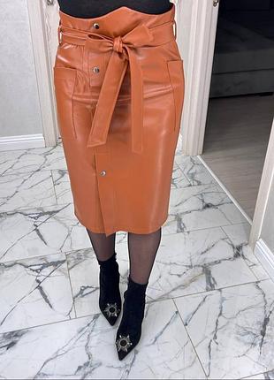 Накладной платеж ❤ матовая кожаная рыжая юбка миди карандаш на высокой талии под пояс с кнопками