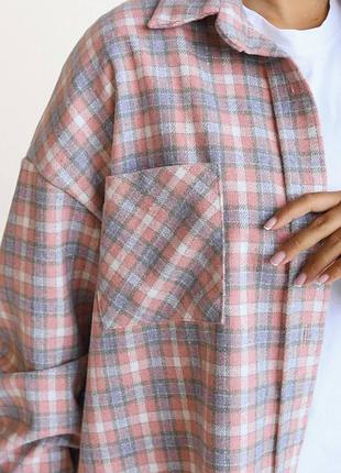 Женская теплая повседневная рубашка в клетку коричневая розовая