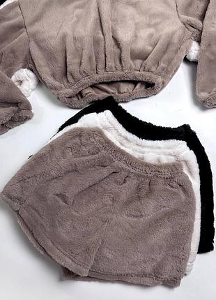 Хутряна піжамка беж чорна біла з вушками пижамка махра с ушками черная белая бежевая