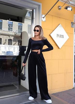 Женский черный велюровый костюм | лонгслив и брюки | 066