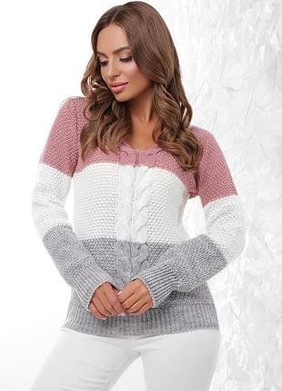 Свитер женский вязанный, трехцветный  розовый & молочный & темно-серый;