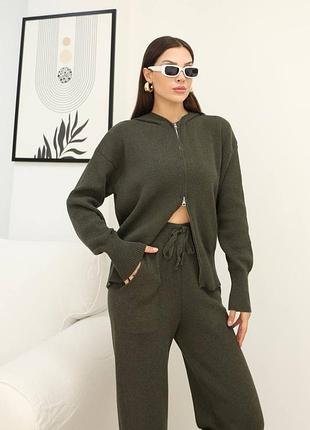 Трикотажный костюм-двойка, кофта с капюшоном прямые брюки