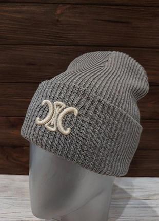 Женская шапка однотонная серая, шапка лопата с подворотом вискоза, шапка нейлон женская на осень кашемир, шапка лопата стиле селін celine