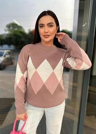 Зручний вʼязаний напіввовняний светр з низьким горлом дуже теплий з геометричним візерунком