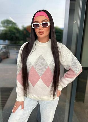 Зручний вʼязаний напіввовняний светр з низьким горлом дуже теплий з геометричним візерунком