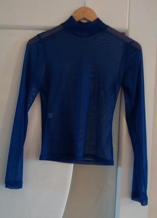 Легкая синяя блузка гольф лонгслив водолазка в сеточку размер м/46.