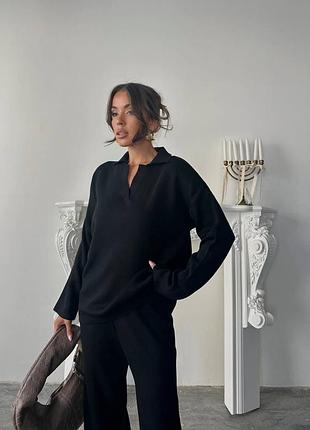 Турецкий трикотажный вязаный костюм брючный оверсайз свитер мирер с воротничком поло и штаны палаццо