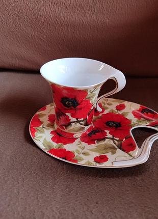 Чашка з блюдцем маки посуд стильна чашка