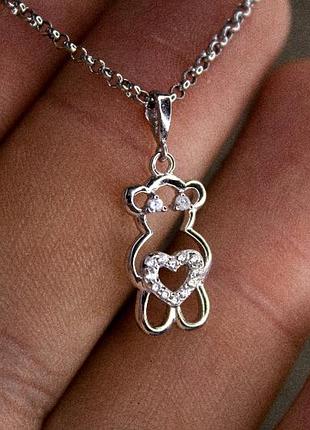 Серебряный кулон мишка с сердечком 925 проба