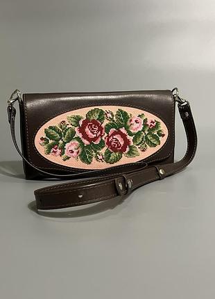 Шкіряна вечірня сумка, святкова сумка, сумка шоколадного кольору,сумка клатч,сумка з вишивкою