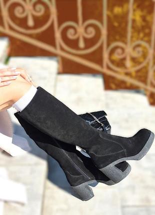 Замшеві високі демісезонні чоботи на товстих підборах трапеція what for 37 - 38  розмір