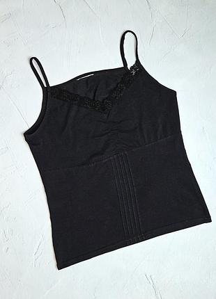 🌿1+1=3 базовая черная майка с кружевом на тонких бретелях, размер 48 - 50