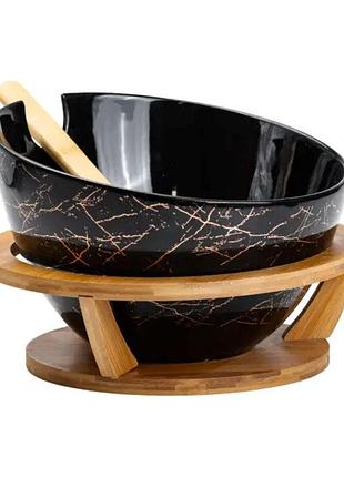 Салатница на бамбуковой подставке с ложкой ø 25 см черная hp1245