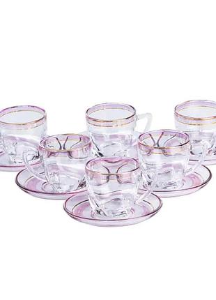 Чашки з блюдцем стеклянные прозрачные набор на 6 персон розовый hp571