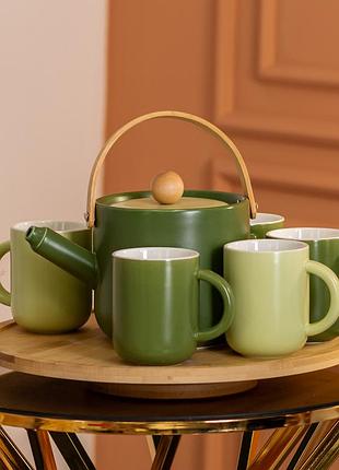 Чайный сервиз на 6 персон с бамбуковой вращающейся подставкой, зеленый hp-15-23