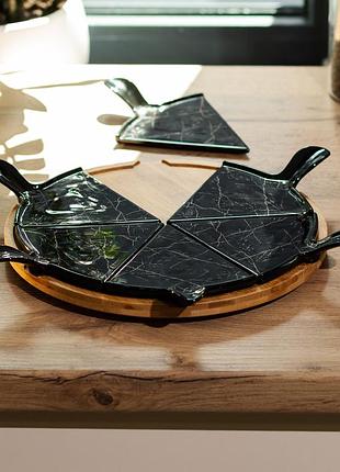 Тарелка для пиццы 28 см керамическая с бамбуковой вращающейся подставкой, секционная черная hp1247