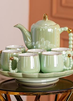 Чайный набор на 6 персон с заварочным чайником и керамической подставкой зеленый hp-15-8