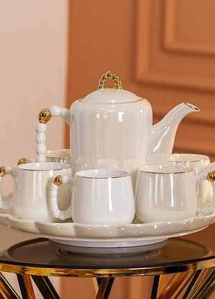 Чайный набор на 6 персон с заварочным чайником и керамической подставкой белый hp-15-7