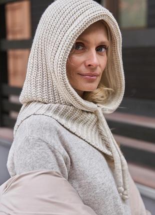 В’язаний снуд капор з зав’язками з вовняної пряжі люксової якості