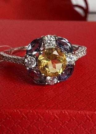 Серебряное кольцо с цитрином, иолитом (водный сапфир) и  фианитами