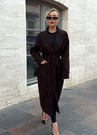 Класичне кашемірове пальто базового крою на підкладці на запах з поясом та карманами