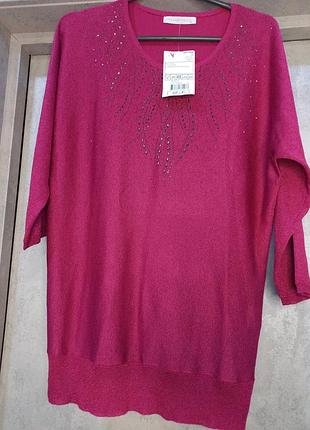 Фирменная, невероятно красивая, легухушка, кофта малиновый цвет, со стразами, вискоза, люрекс, рукав 3/4,с люрексом
