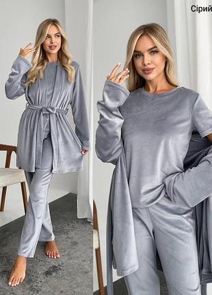 Велюровый домашний комплект тройка футболка штаны халат