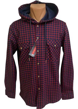 Тепла чоловіча сорочка на флісі з капюшоном ovento,у червону клітинку