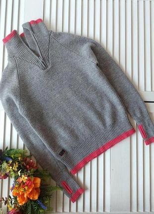 Теплий свитер серый меланж/розовый с высоким горлом на молнии devold 100% шерсть