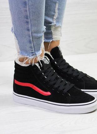 Зимние женские кроссовки vans (чёрные с красным)4 фото