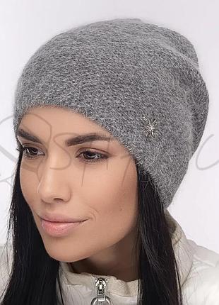 Шапка ангорова жіноча ззаді зчіплена шапочка утеплена флісом leks виста сірий середній