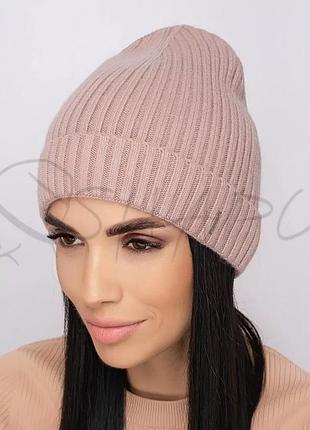 Шапка жіноча вовняна з додаванням ангори одинарна з відворотом подовжена leks джейн пудра