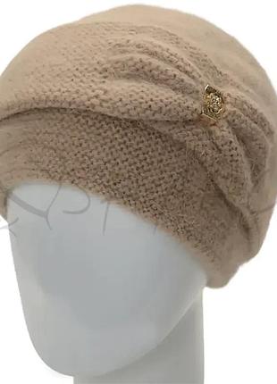 Шапка женская ангоровая двойная теплая зимняя с красивым узором novita розі бежевый