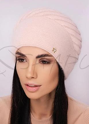 Шапка жіноча ангорова подвійна з об'ємним в'язанням тепла зимова leks кристина персик