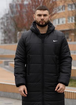 Пуховик мужской зимний удлиненный найк длинная куртка пальто спортивная повседневная теплая водонепроницаемая ветрозащитная с капюшоном на молнии