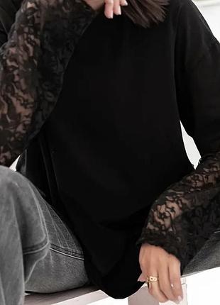 Жіноча повсякденна футболка з довгим рукавом та мереживною обробкою - вільний крій, імітація двошарового дизайну, круглий виріз, чорний колір розмір м